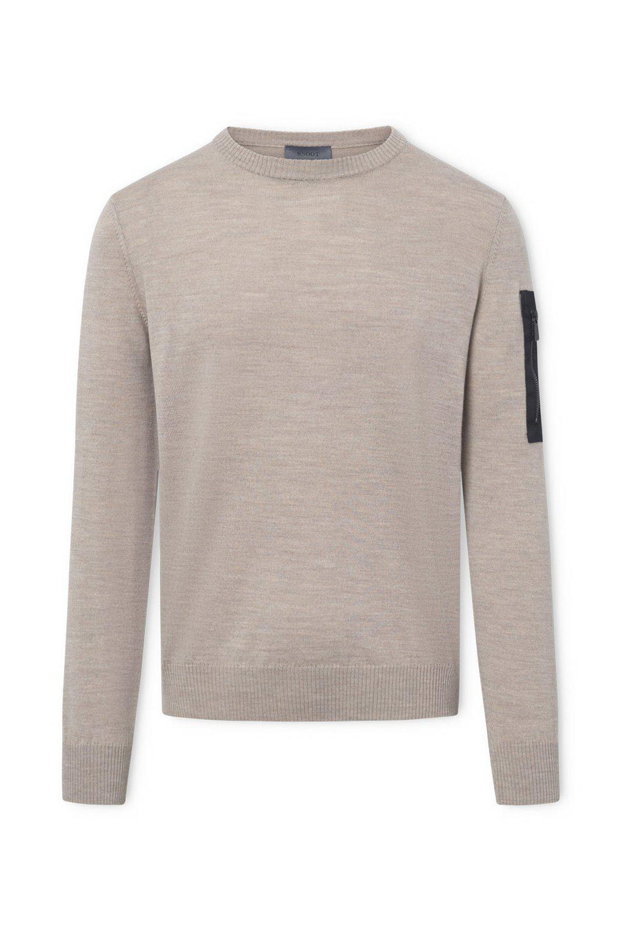 Beige sweater with a black patch on a white background