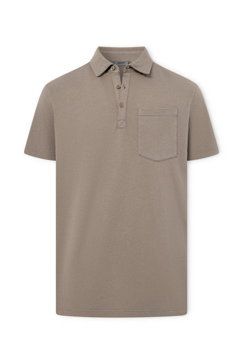 Beige polo shirt with a pocket on a white background