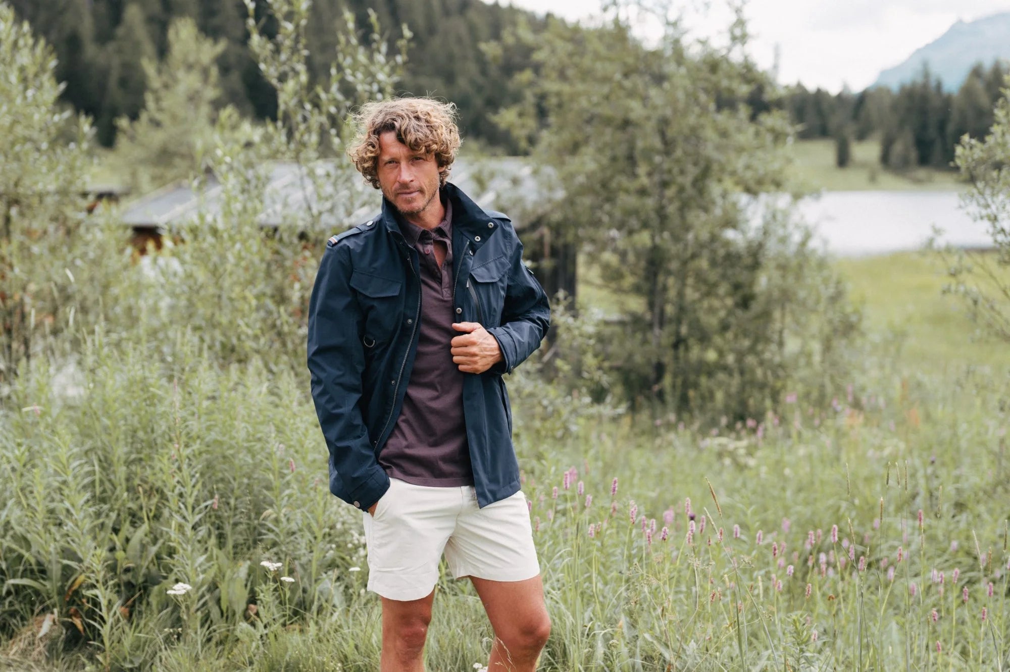 Snoot model in beige overshirt and trousers